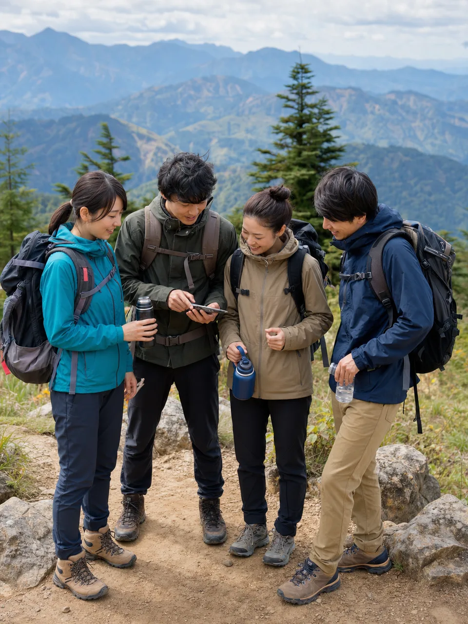安全に登山を楽しむ日本人の友人（自然な縦位置写真）。登山、ハイキング、アウトドア、健康促進の記事向け素材です。