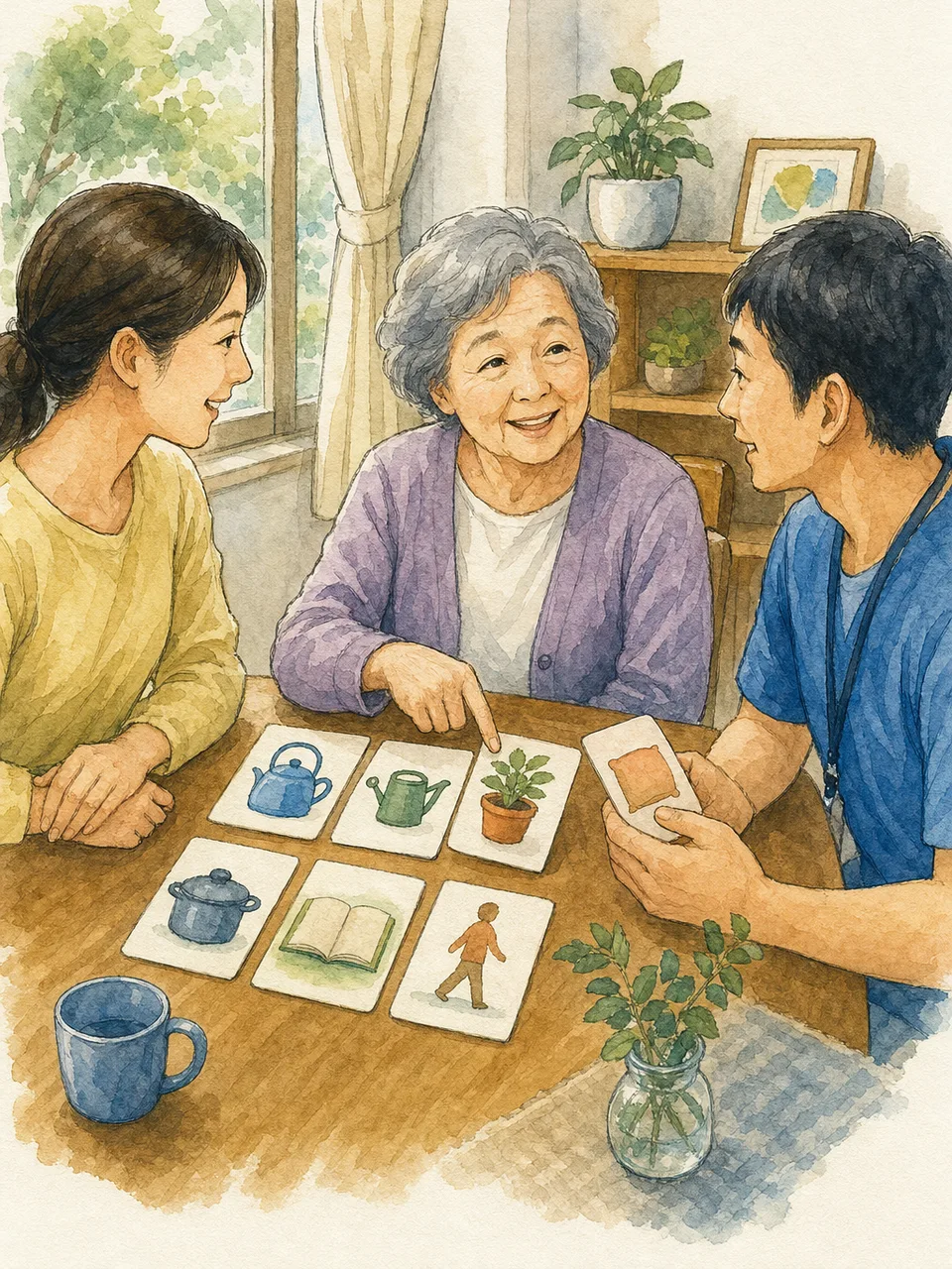 認知症支援を話し合う日本人家族（手描き水彩）。認知症支援、家族相談、高齢者ケア、介護相談の記事や案内に使える商用素材です。