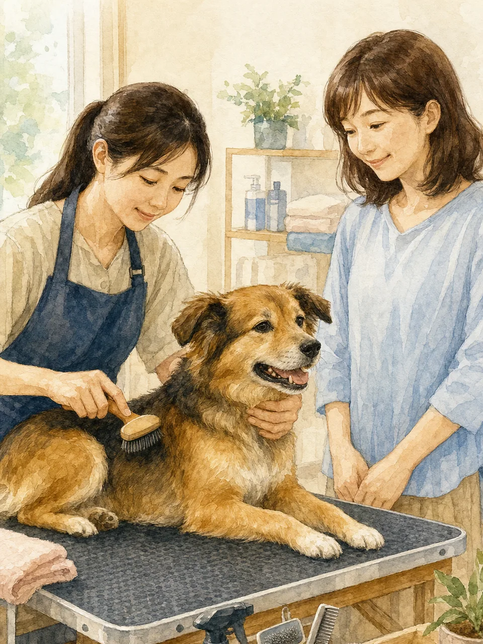 犬を手入れする日本人トリマー（手描き水彩）。トリマー、ペットサロン、犬、動物ケアの記事向け素材です。