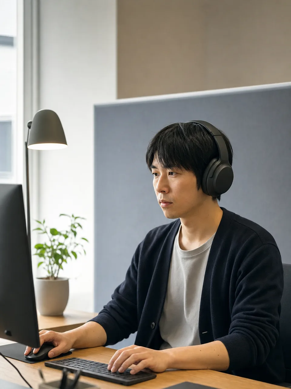 自分に合う静かな環境で働く日本人（自然な縦位置写真）。静かな職場の合理的配慮、自分に合う作業環境、ニューロダイバーシティ、静かな職場の記事や案内に使える商用素材です。