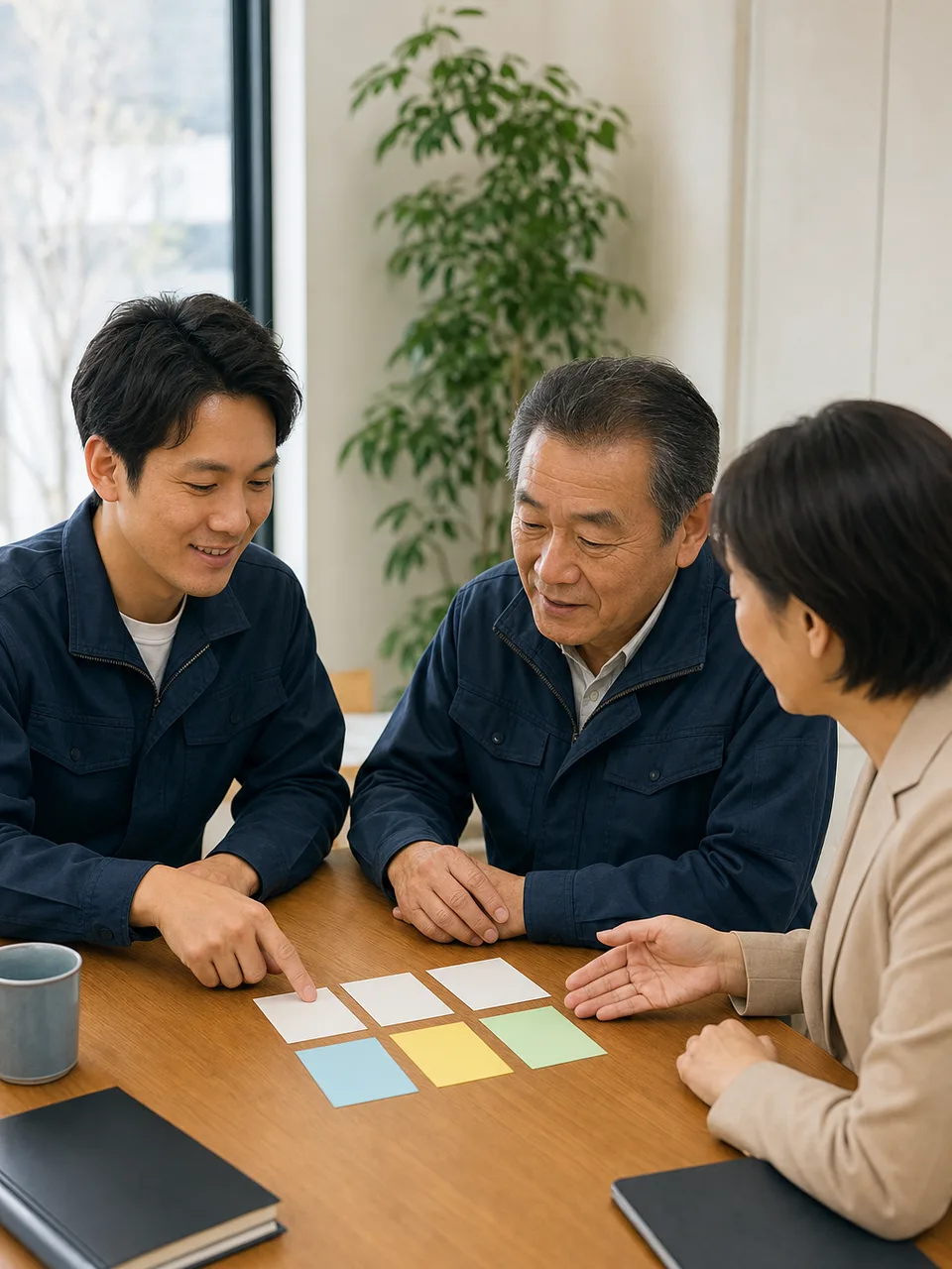事業承継を話し合う日本人家族（自然な縦位置写真）。事業承継、後継者、家族経営、中小企業の記事や案内に使える商用素材です。