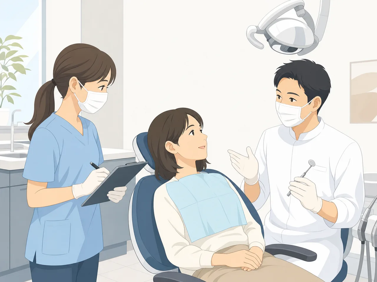 歯科健診を受ける日本人患者（フラットイラスト）。歯医者、予防歯科、定期健診、口腔ケアの記事向け医療素材です。