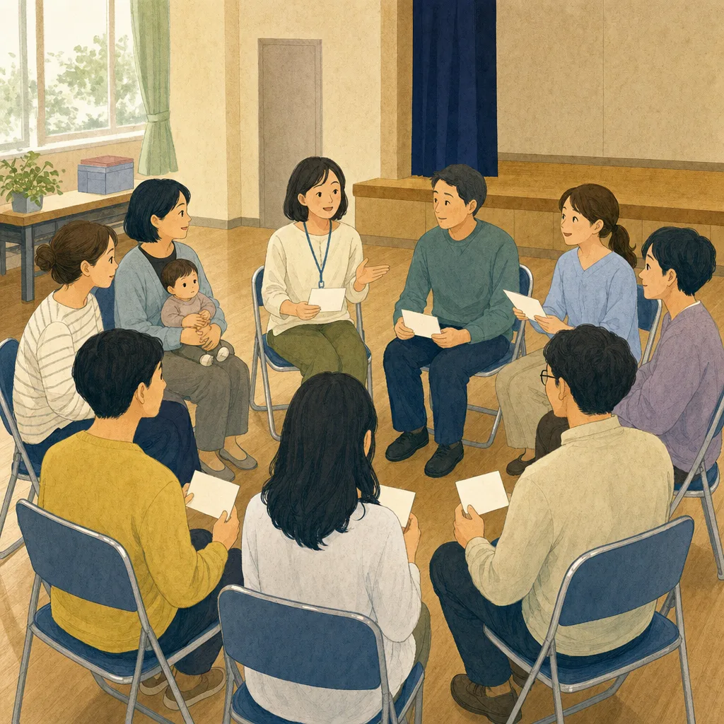 学校について話し合う日本人PTA（編集記事向け）。PTA、保護者会、学校運営、地域連携の記事に使える素材です。