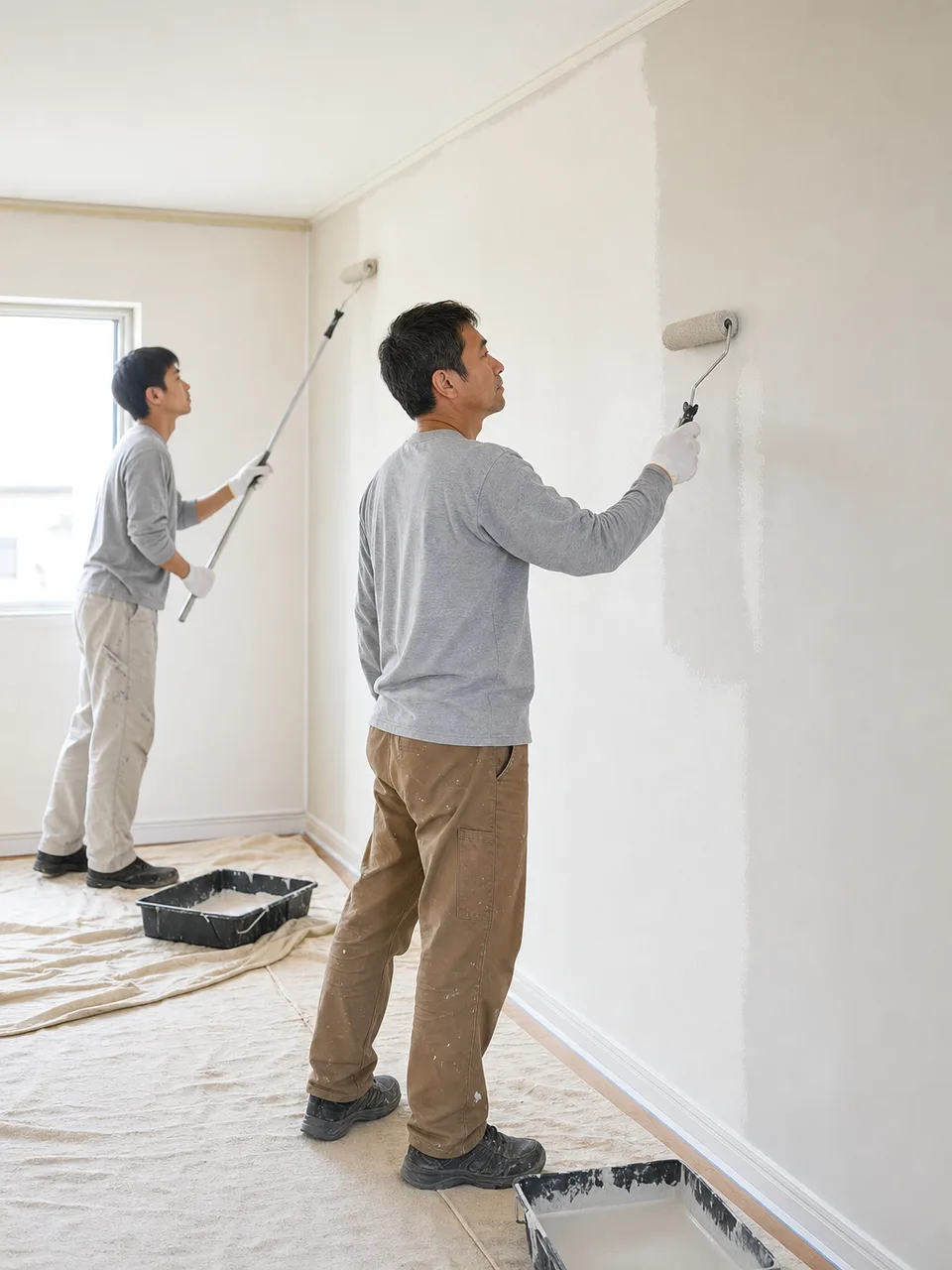 室内を塗装する日本人塗装職人（自然な縦位置写真）。塗装工、住宅リフォーム、内装、職人の記事に使える素材です。