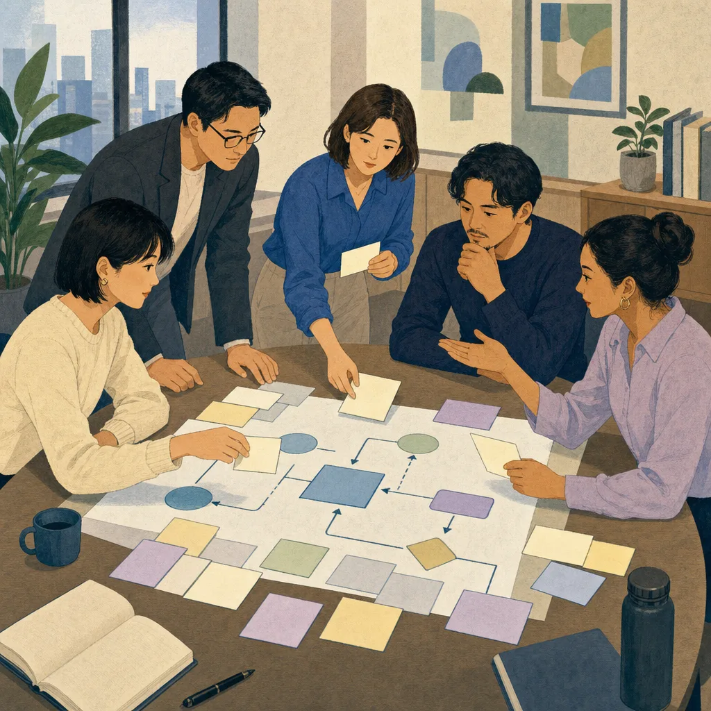 生成AIガバナンスを検討する日本人チーム（編集記事向け）。生成AIガバナンス、AI活用、リスク管理、企業向け素材です。