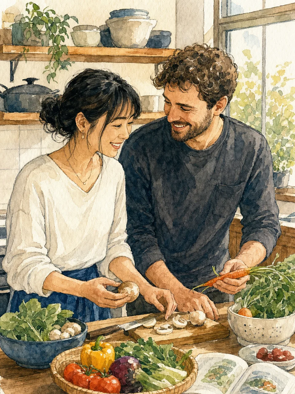 暮らしを共にする国際結婚カップル（手描き水彩）。国際結婚、多文化家庭、夫婦、日常生活の記事向け素材です。