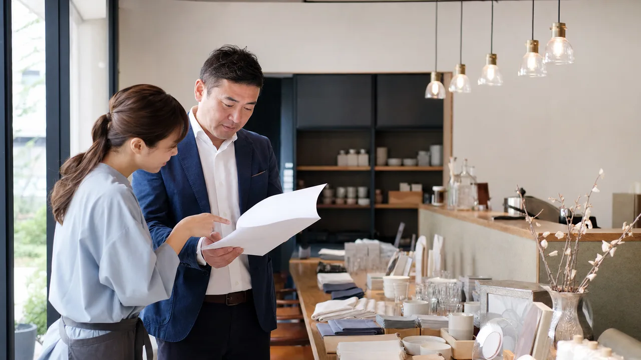 店舗運営を確認する日本人フランチャイズ担当者（横長・コピースペース）。フランチャイズ、店舗運営、店長、経営支援の記事や案内に使える商用素材です。