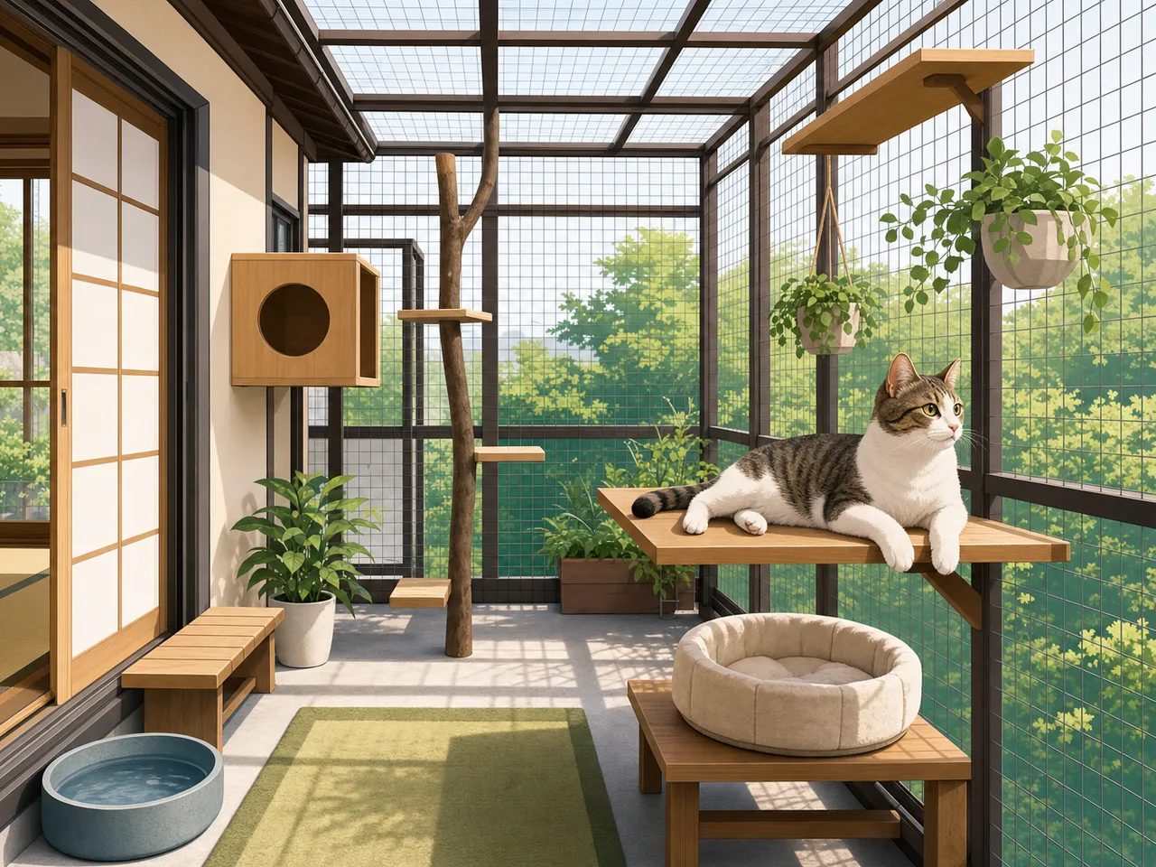 安全なキャティオで過ごす猫（フラットイラスト）。キャティオ、猫、室内飼育、猫の安全の記事や案内に使える商用素材です。