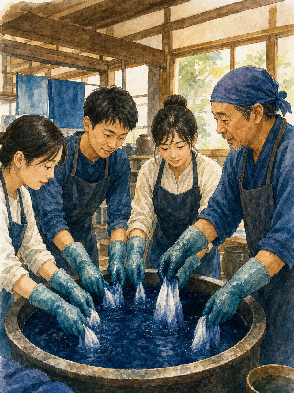 藍染めを体験する日本人（手描き水彩）。藍染め、伝統工芸、染色、職人体験の記事や案内に使える商用素材です。