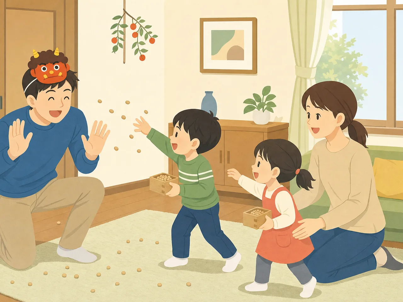 節分を楽しむ日本人家族（フラットイラスト）。節分、豆まき、家族、日本の年中行事の記事向け素材です。