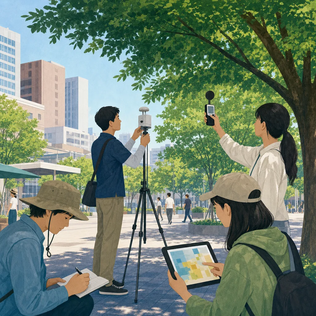 都市の暑さを測る日本人調査員（編集記事向け）。ヒートアイランド、暑さ対策、都市環境、気温測定の記事や案内に使える商用素材です。