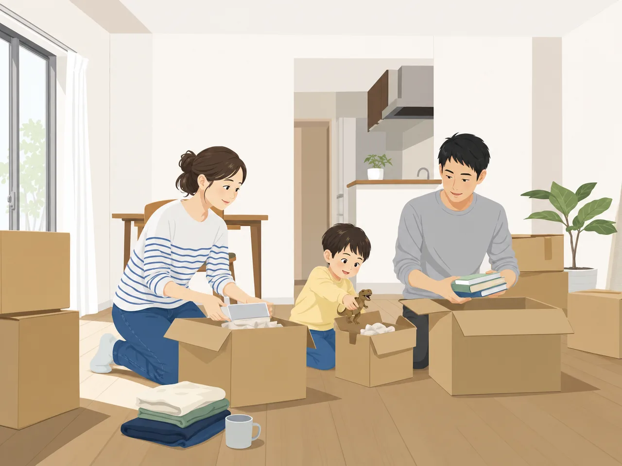 新居へ引っ越す日本人家族（フラットイラスト）。不動産、引っ越し、新生活、住宅サービスの案内に使える家族素材です。