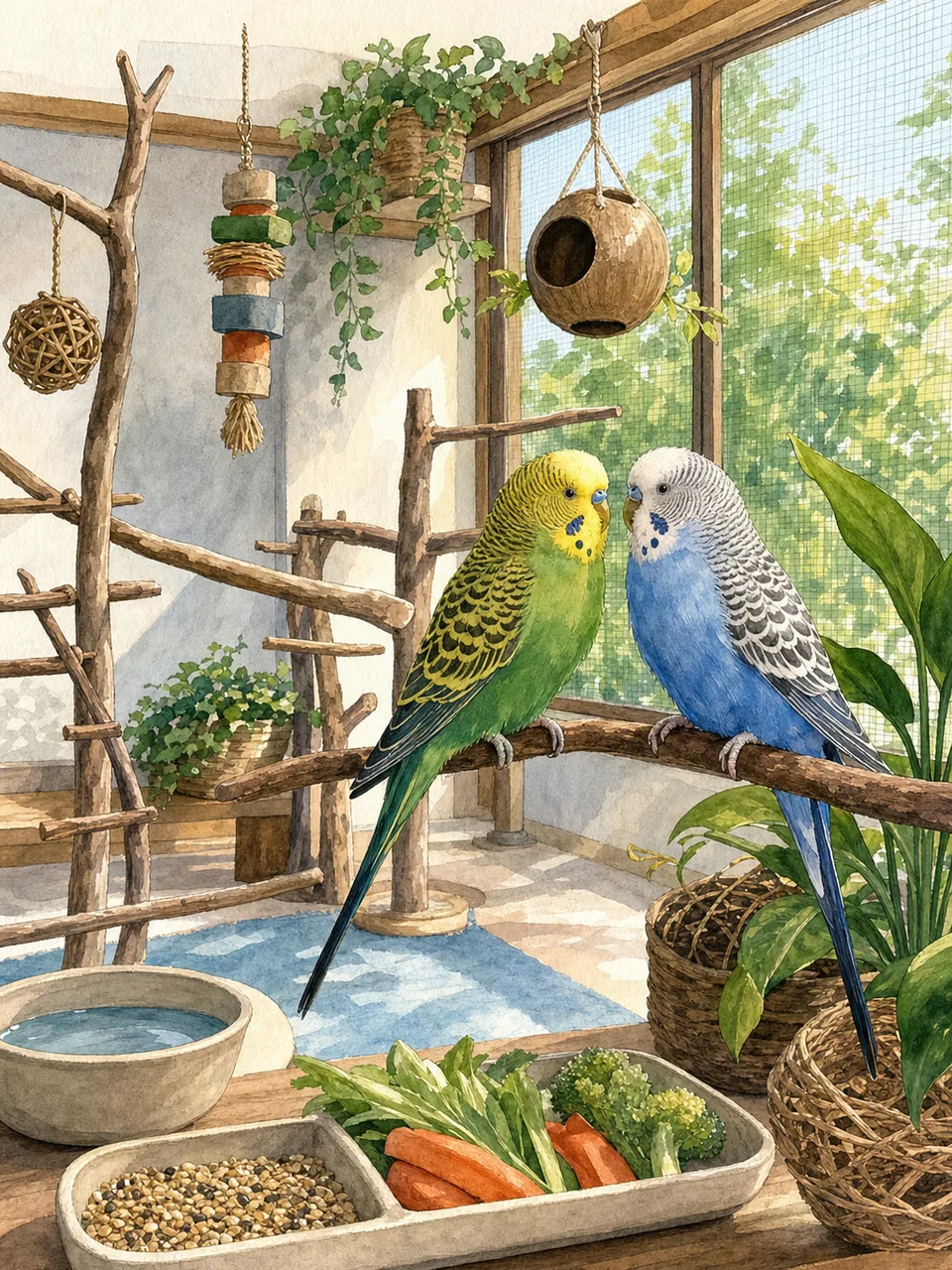 安全な室内で過ごすセキセイインコ（手描き水彩）。セキセイインコ、小鳥、ペット、放鳥の記事や案内に使える商用素材です。