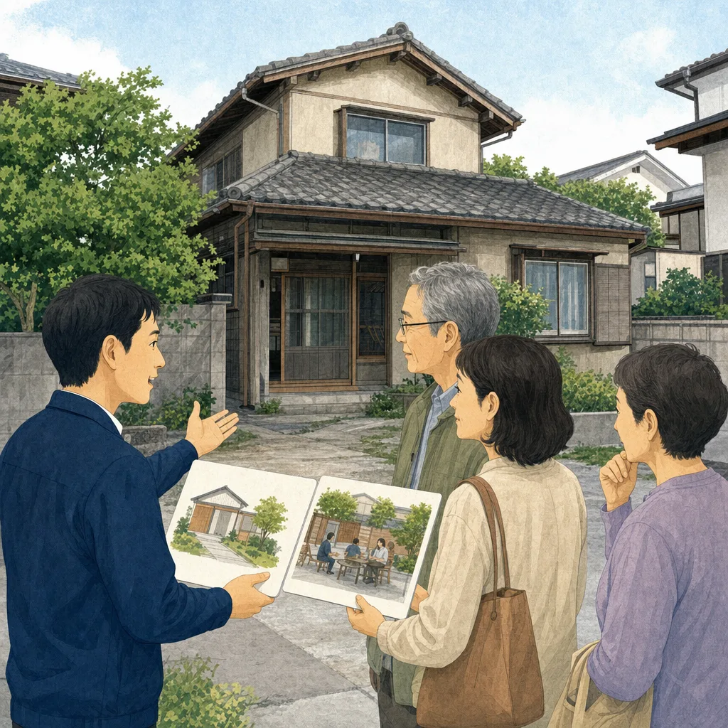 空き家の活用を相談する日本人（編集記事向け）。空き家、住宅活用、地域課題、相続の記事向け素材です。