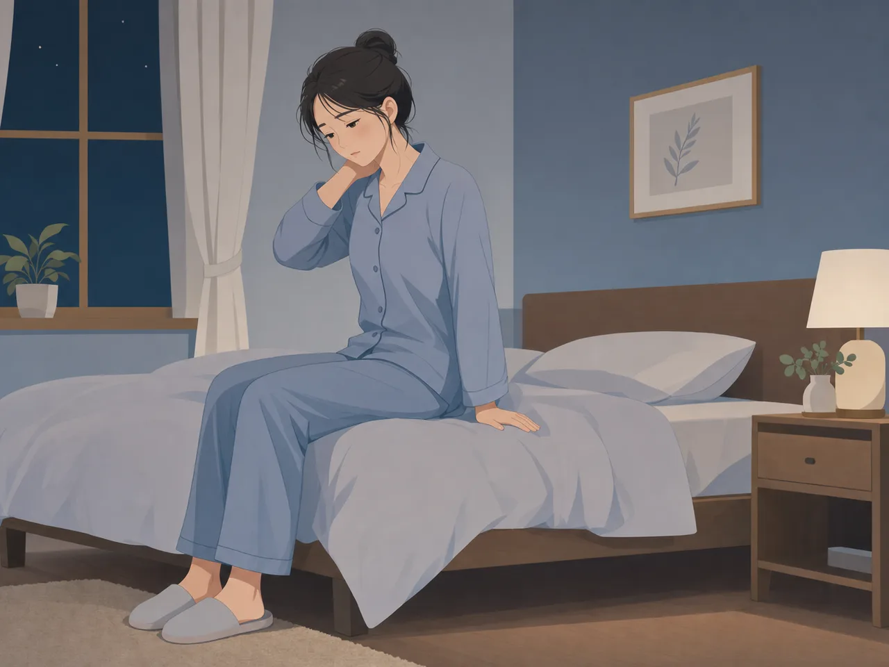 眠れない夜を過ごす日本人（フラットイラスト）。睡眠改善、ストレスケア、寝具、健康サービスの記事に使える素材です。