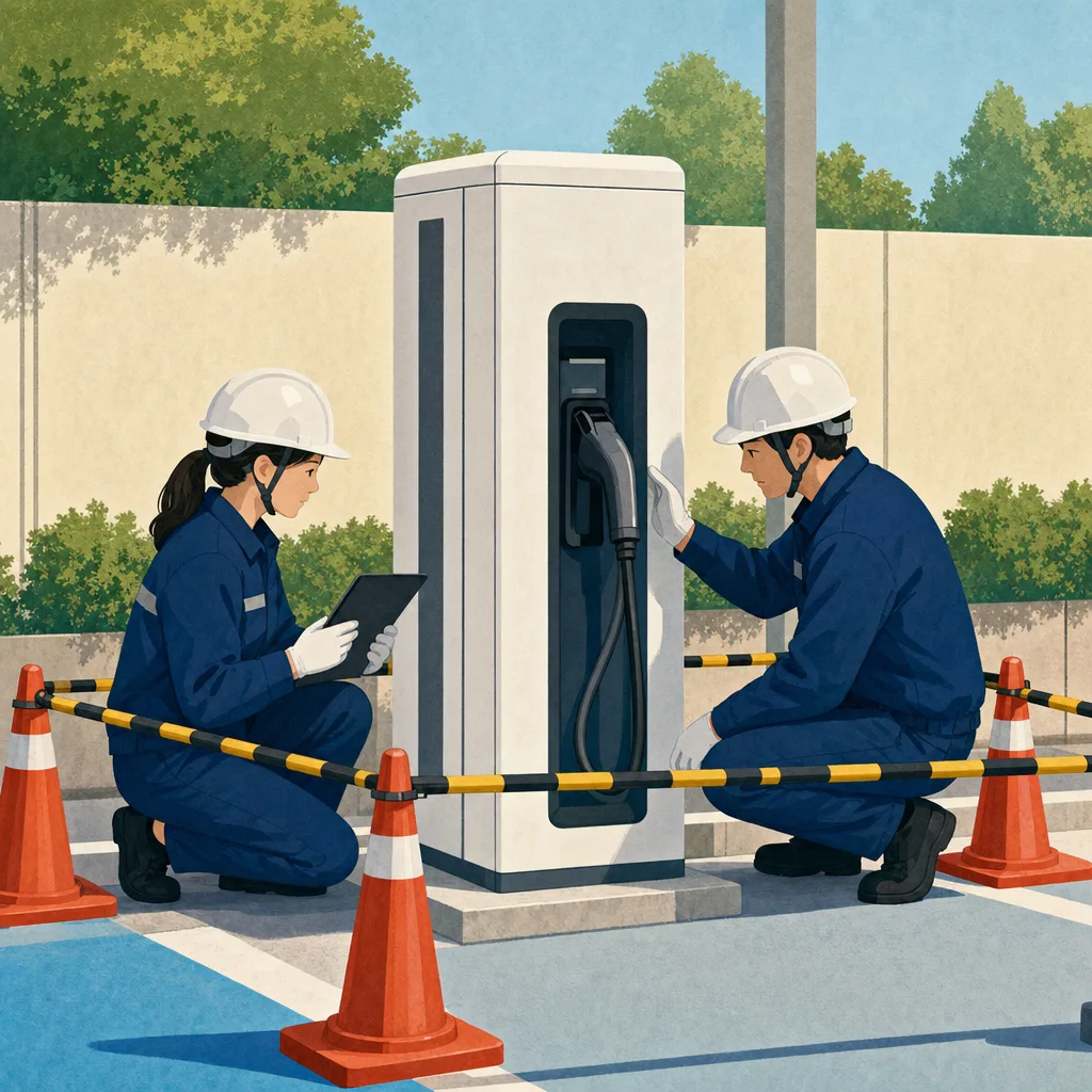EV充電設備を点検する日本人技術者（編集記事向け）。EV充電設備、電気自動車、充電スタンド、設備点検の記事や案内に使える商用素材です。