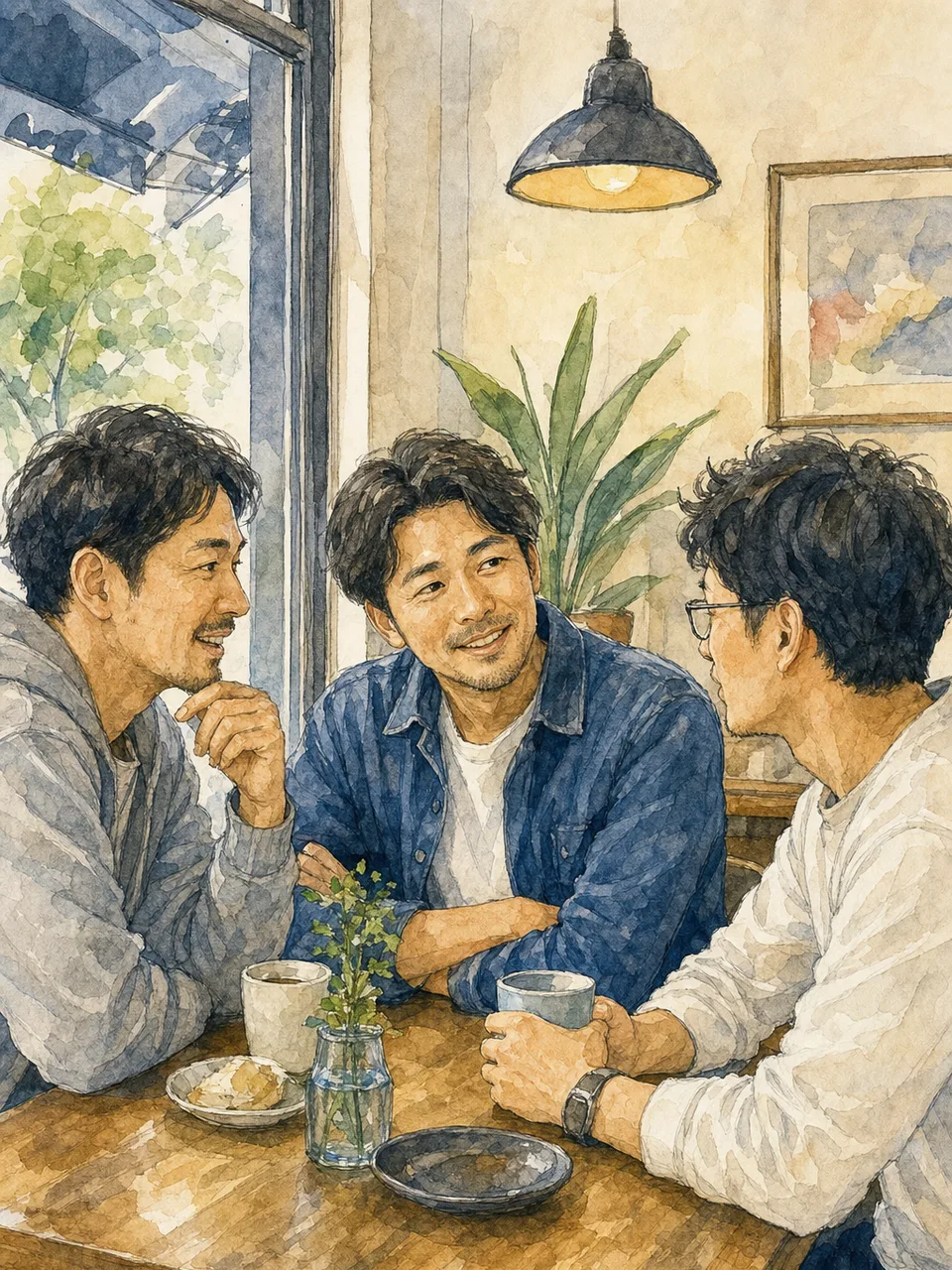 会話を楽しむ日本人の男友達（手描き水彩）。男友達、友情、会話、休日の記事向け素材です。