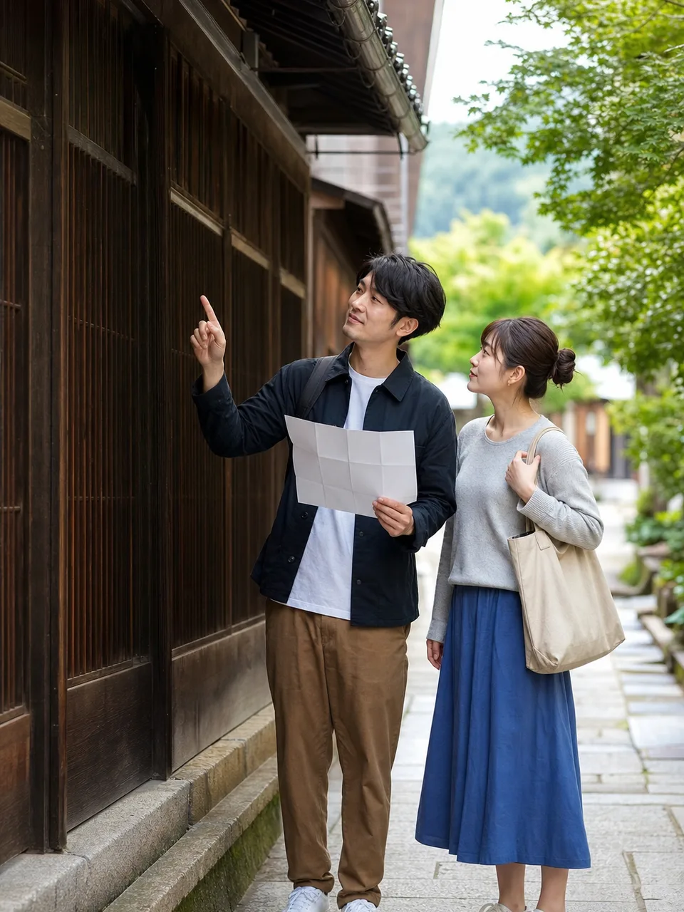 金沢の街並みを楽しむ日本人旅行者（自然な縦位置写真）。金沢、北陸旅行、歴史的街並み、街歩きの記事向け素材です。
