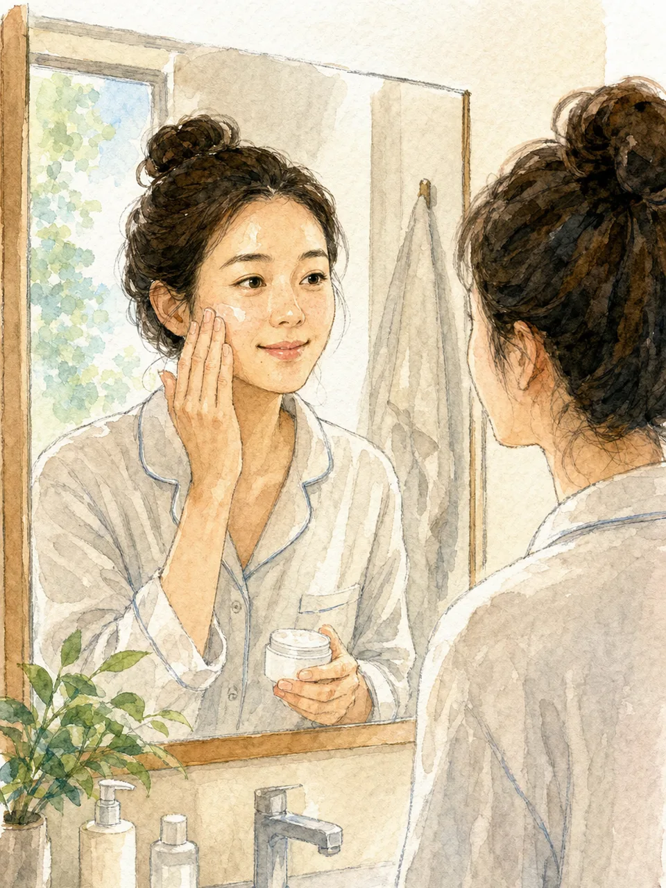 自宅でスキンケアをする日本人（手描き水彩）。スキンケア、美容、セルフケア、化粧品の記事に使える清潔感のある素材です。