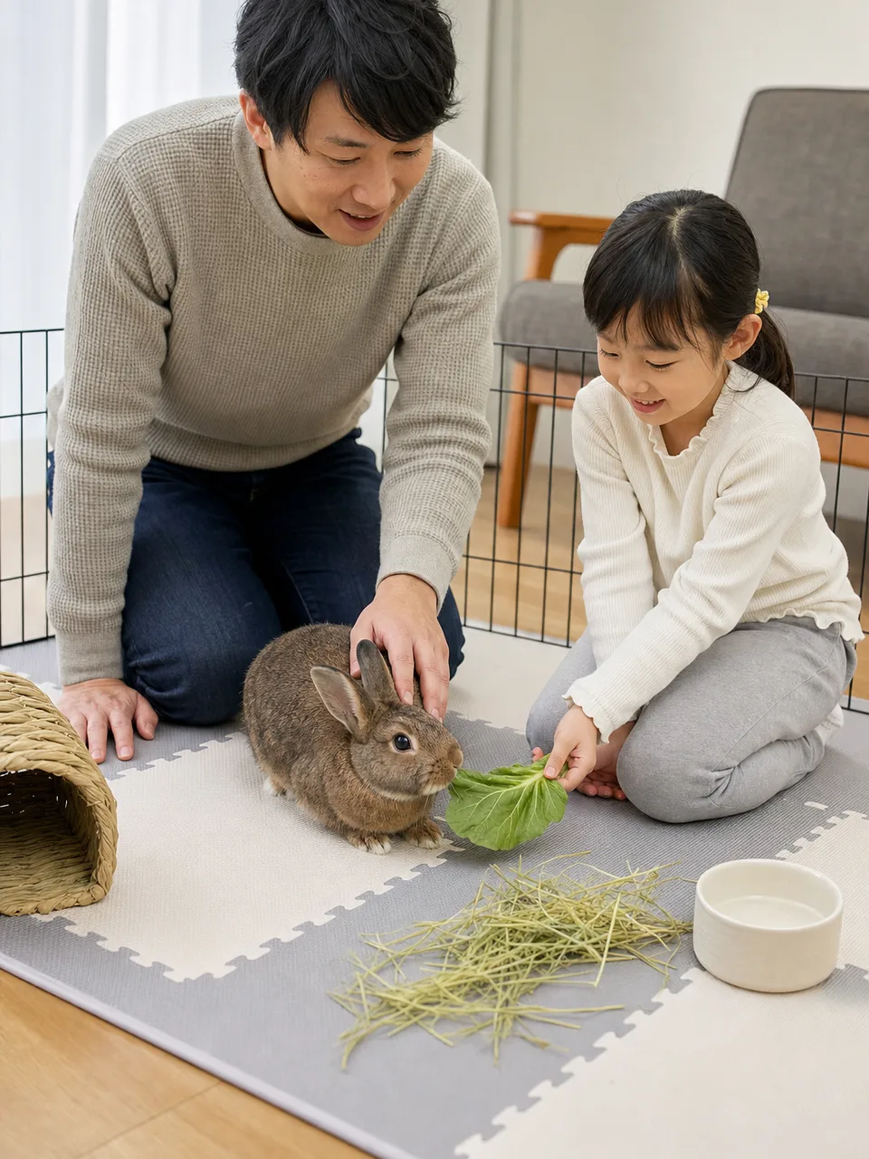 うさぎを世話する日本人家族（自然な縦位置写真）。うさぎ、ペットケア、家族、動物との暮らしの記事向け素材です。