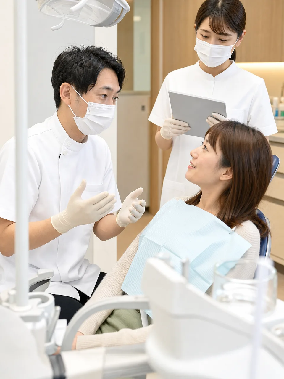 歯科健診を受ける日本人患者（自然な縦位置写真）。歯医者、予防歯科、定期健診、口腔ケアの記事向け医療素材です。
