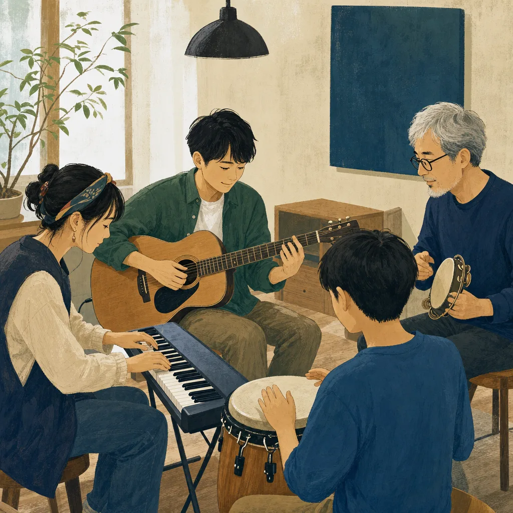 演奏を練習する日本人音楽家（編集記事向け）。音楽家、演奏、リハーサル、文化活動の記事に使える素材です。