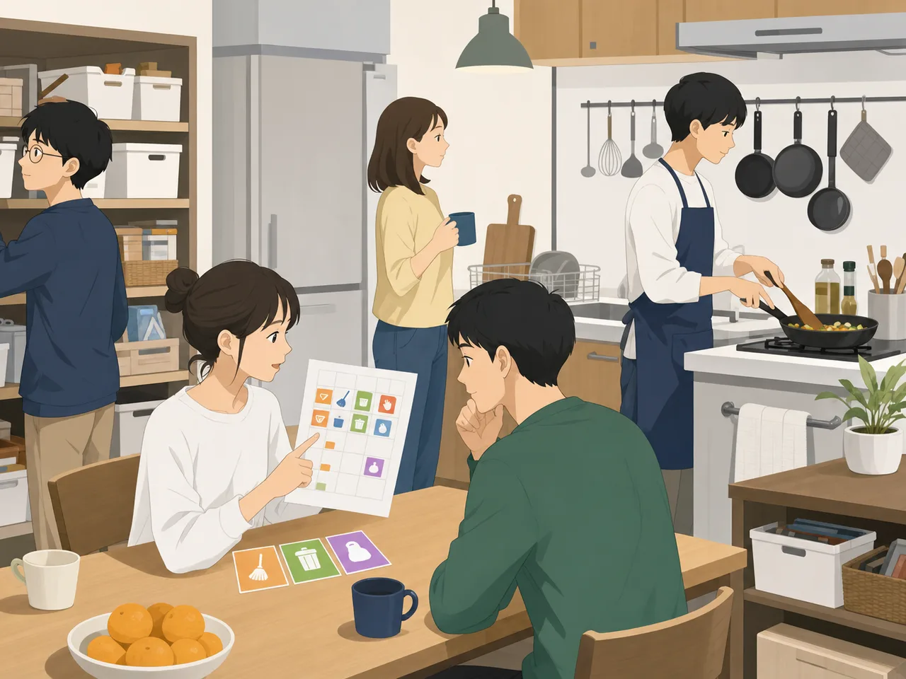 シェアハウスで暮らす日本人（フラットイラスト）。シェアハウス、共同生活、若者、住まいの記事向け素材です。