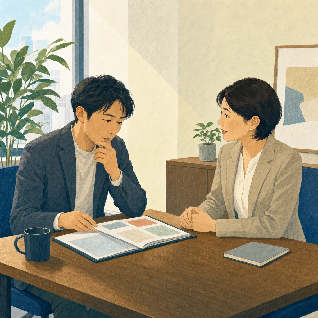 転職相談をする日本人会社員（編集記事向け）。転職、人材紹介、キャリア形成の記事やサービス紹介に使える相談場面です。