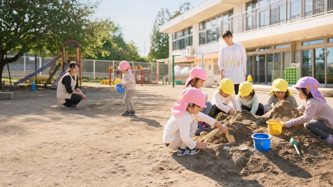 園庭で遊ぶ日本の幼稚園児（横長・コピースペース）。幼稚園、保育、子育て、教育施設の紹介に使える活動素材です。