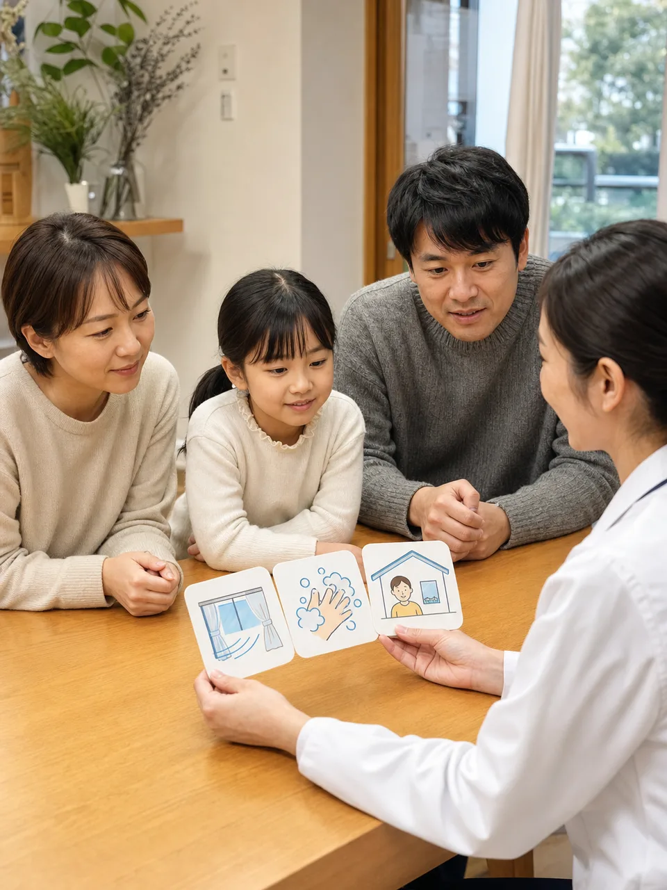 インフルエンザ対策を確認する日本人（自然な縦位置写真）。インフルエンザ、感染対策、予防、医療相談の記事向け素材です。