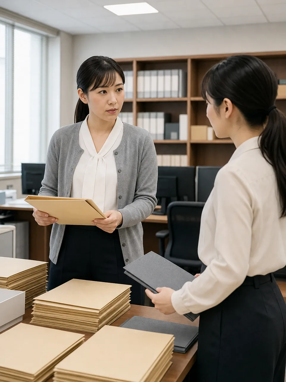 裁判事務を行う日本人裁判所職員（自然な縦位置写真）。裁判所職員、裁判事務、法律、司法の記事や案内に使える商用素材です。