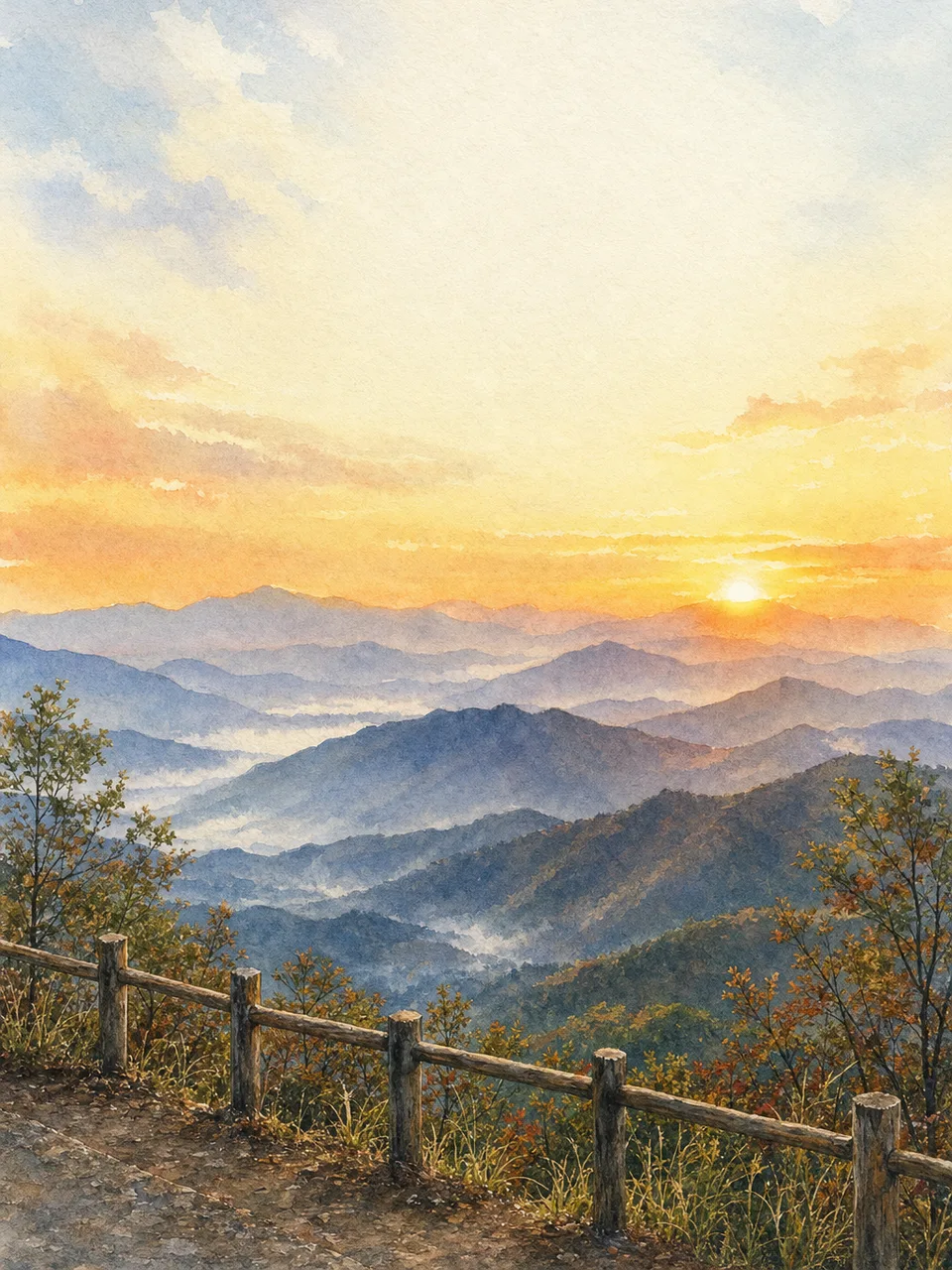 日本の山に昇る朝日（水彩フレーム）。山の朝日、日の出、山岳、自然風景向け素材です。