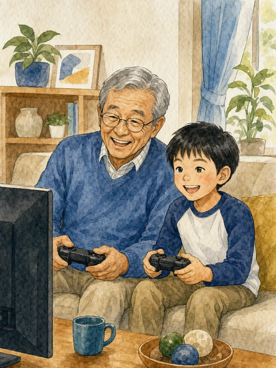 ゲームを楽しむ日本人の祖父母と孫（手描き水彩）。祖父母とテレビゲーム、世代を超えたゲーム、祖父母と孫、テレビゲームの記事や案内に使える商用素材です。
