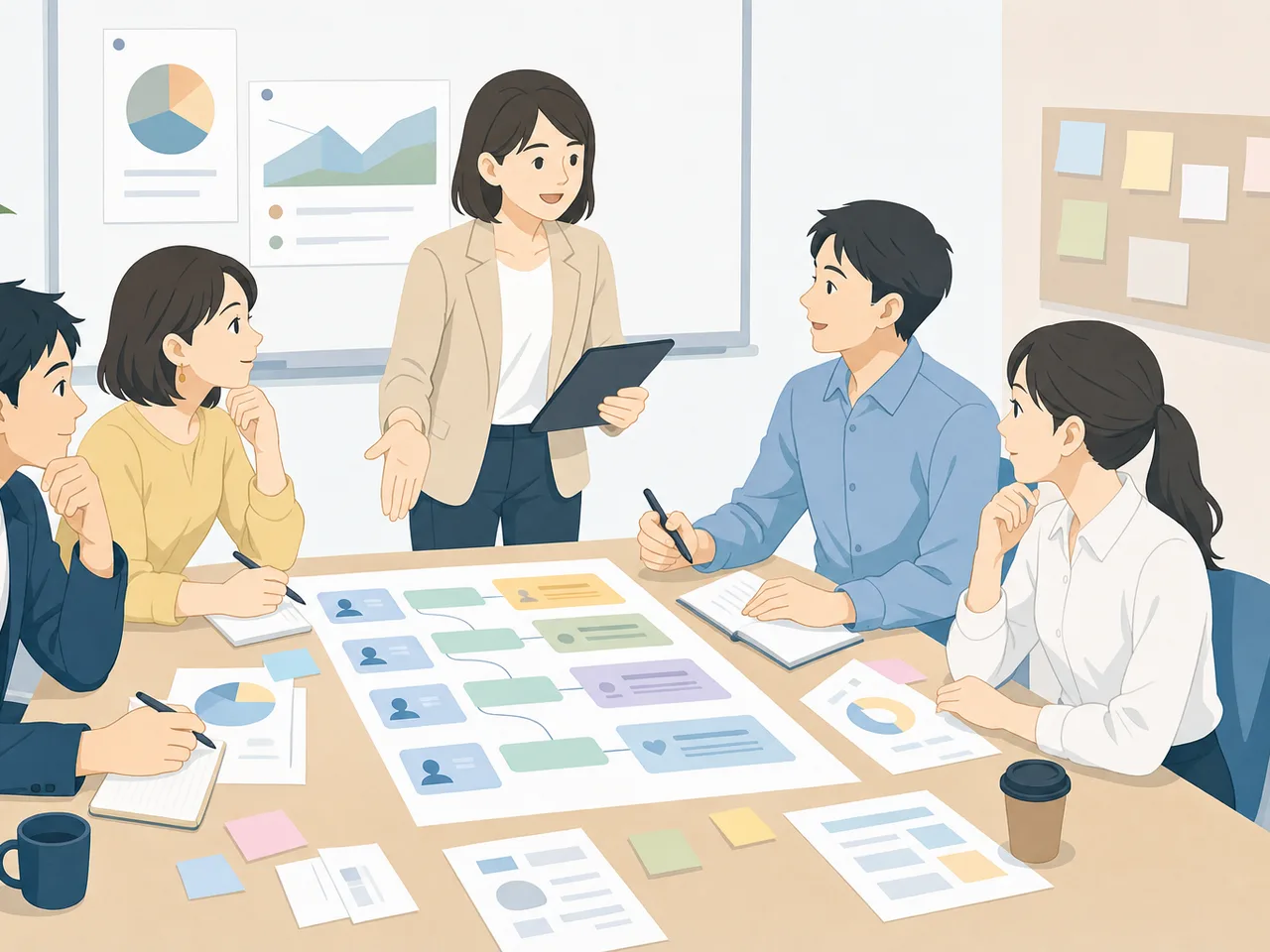 営業会議を行う日本人チーム（フラットイラスト）。営業会議、販売計画、チーム、顧客理解の記事向け素材です。