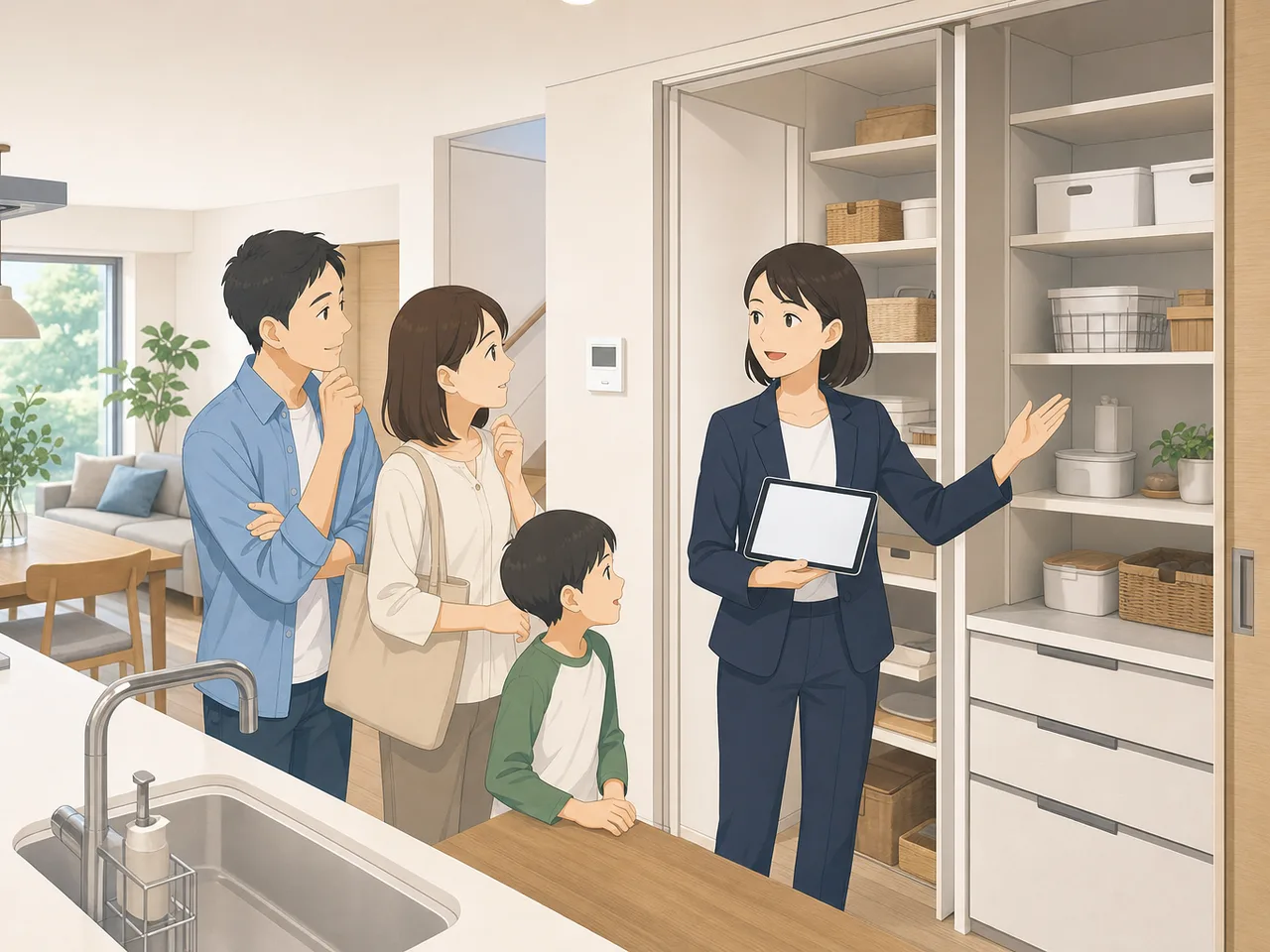住宅展示場を見学する日本人家族（フラットイラスト）。住宅展示場、モデルルーム、家づくり、住宅購入の記事向け素材です。