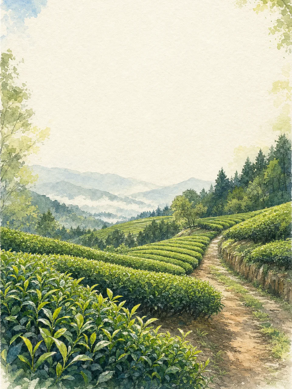 日本の丘陵に広がる茶畑（水彩フレーム）。茶畑、茶園、農業、緑の風景向け素材です。