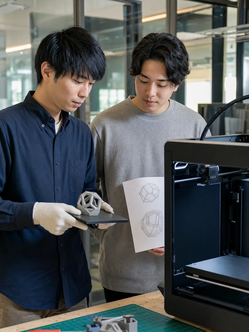 3Dプリンターで試作する日本人技術者（自然な縦位置写真）。3Dプリンター、試作、ものづくり、設計の記事向け素材です。