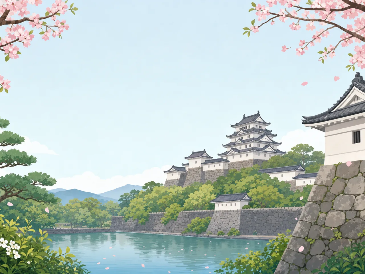 日本の城と四季の風景（フレームイラスト）。日本の城、歴史、国内旅行、観光デザインに使える背景素材です。