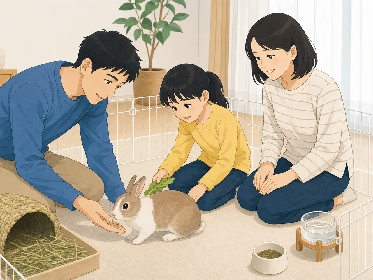うさぎを世話する日本人家族（フラットイラスト）。うさぎ、ペットケア、家族、動物との暮らしの記事向け素材です。