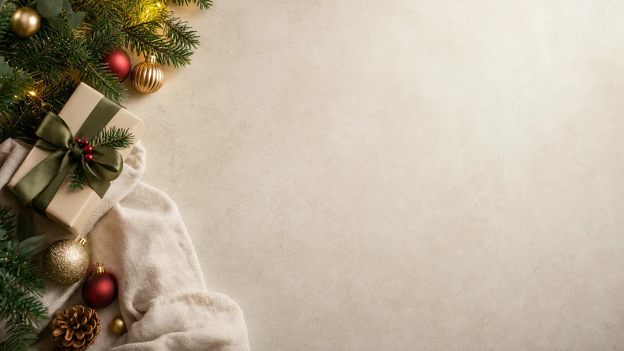 クリスマスの余白背景（横長・余白背景）。バナー、カード、告知画像に文字を配置しやすい、上品なクリスマス背景です。