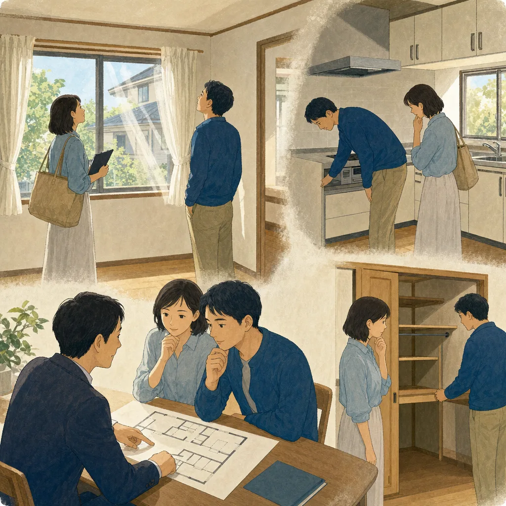 中古住宅の購入を検討する日本人（編集記事向け）。中古住宅購入、内見、住宅点検、不動産の記事向け素材です。