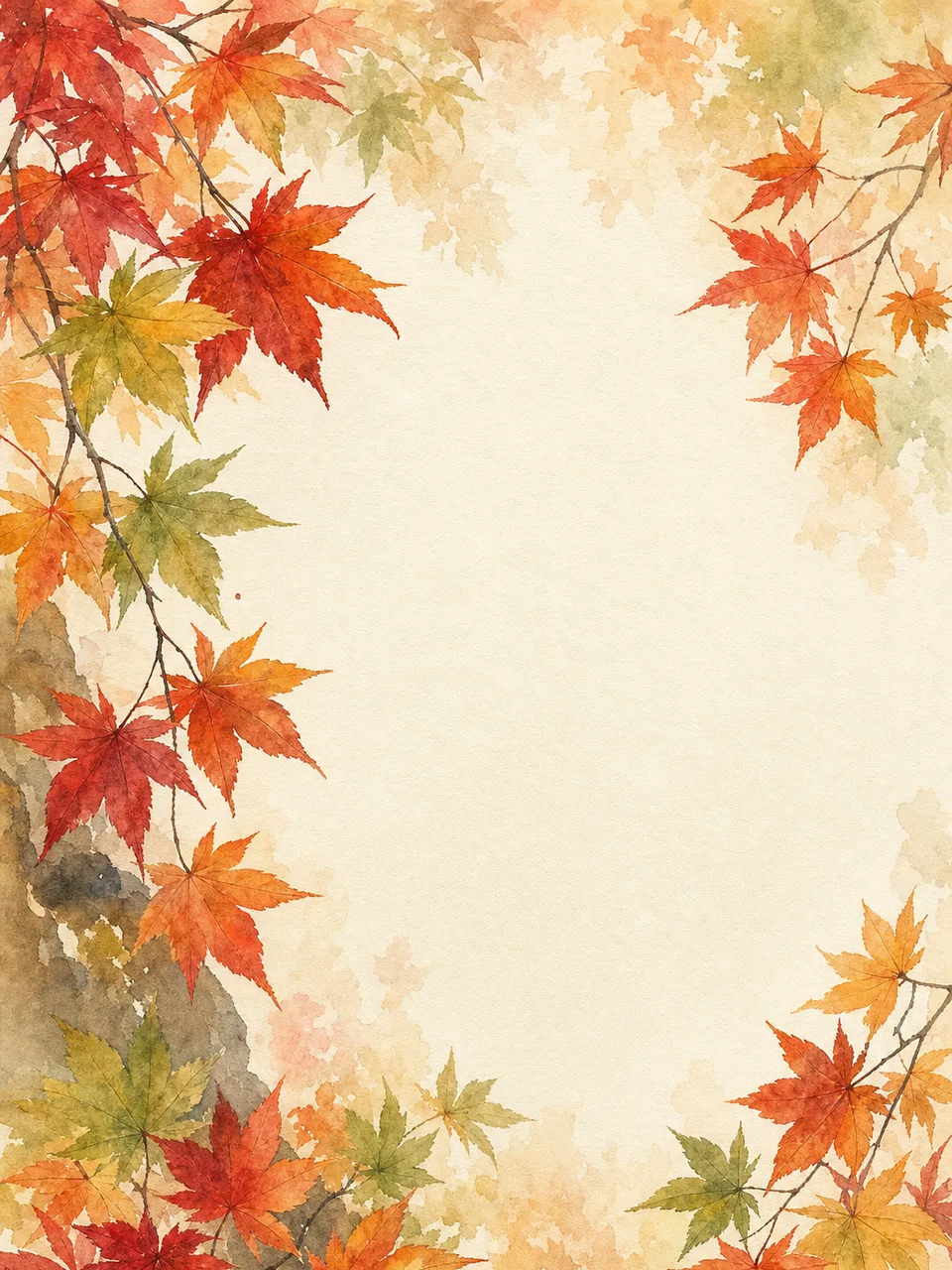 深みのある紅葉背景（水彩フレーム）。紅葉背景、秋、もみじ、季節デザイン向け素材です。