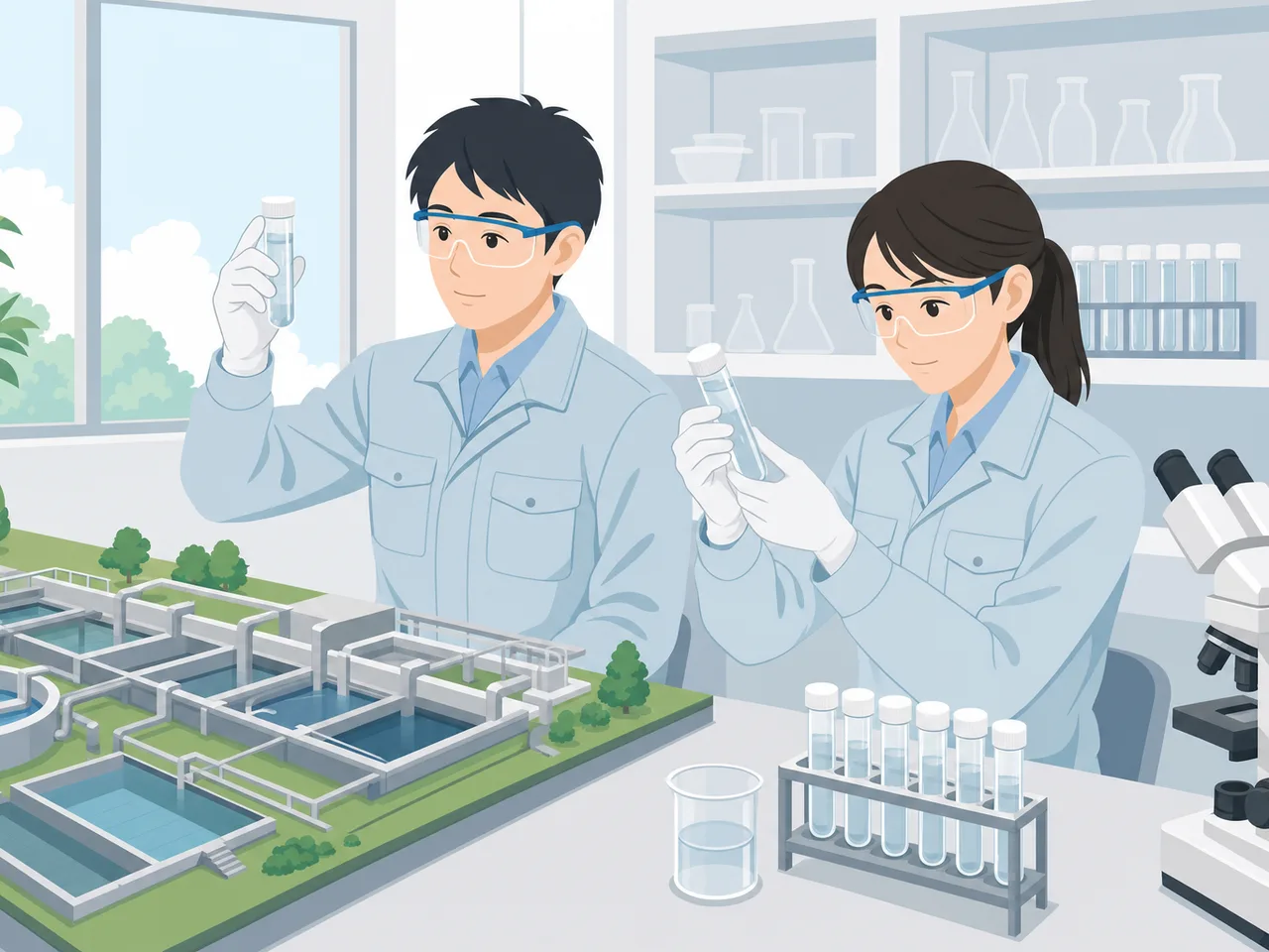 排水処理を分析する日本人技術者（フラットイラスト）。排水処理、水処理、環境分析、水質検査の記事や案内に使える商用素材です。