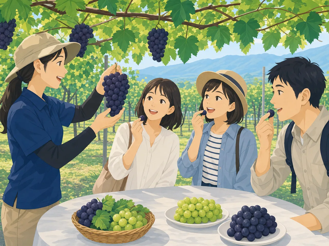 山梨のぶどう畑を訪れる旅行者（フラットイラスト）。山梨旅行、ぶどう畑、果樹園、ぶどう狩りの記事や案内に使える商用素材です。