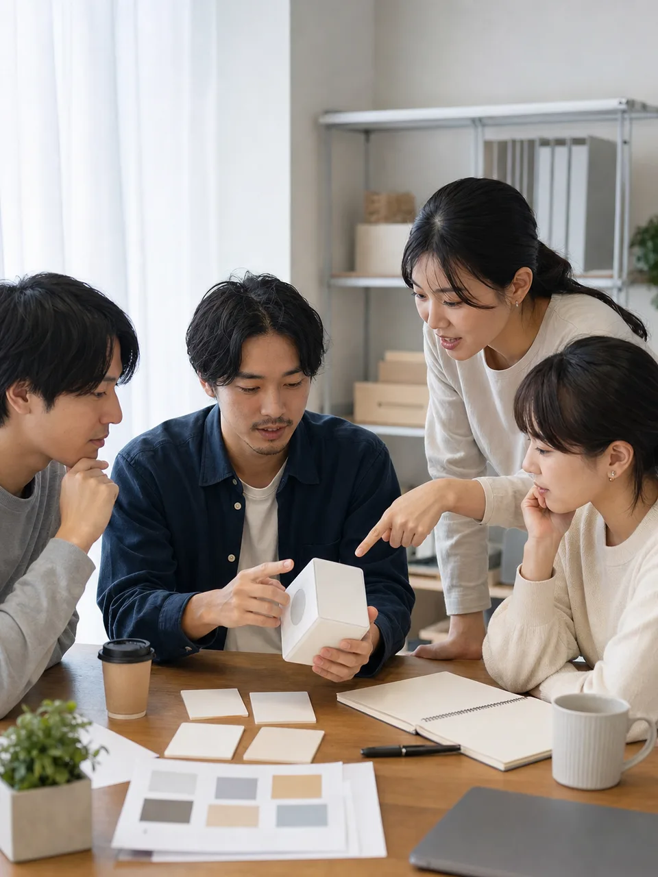 クラウドファンディングを計画する日本人（自然な縦位置写真）。クラウドファンディング、資金調達、プロジェクト、商品開発の記事や案内に使える商用素材です。