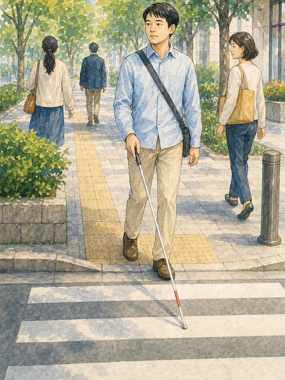 白杖で移動する日本人（手描き水彩）。白杖、視覚障害、歩行、アクセシビリティの記事向け素材です。