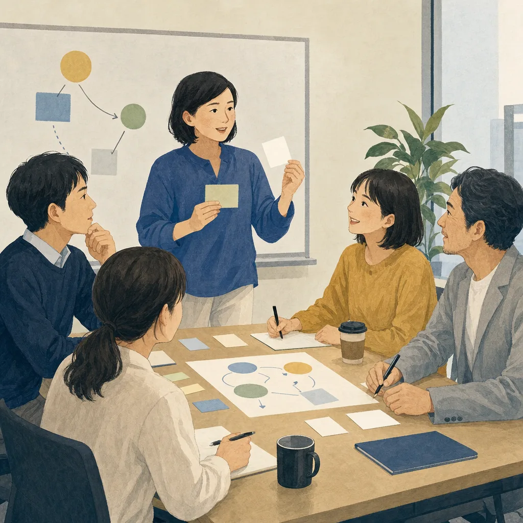 社員研修に参加する日本人会社員（編集記事向け）。社員研修、人材育成、社内教育、チームづくりの記事向け素材です。