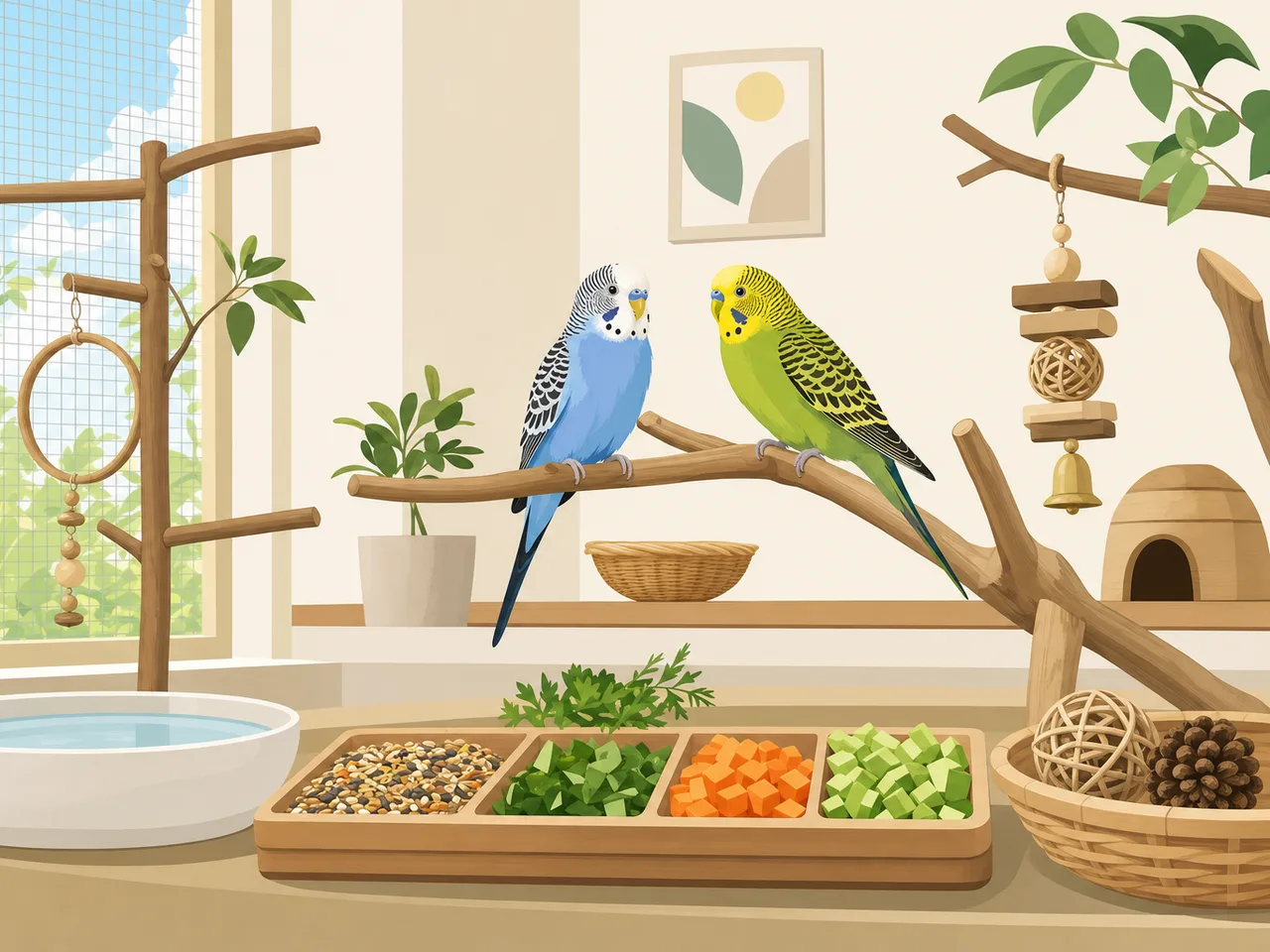 安全な室内で過ごすセキセイインコ（フラットイラスト）。セキセイインコ、小鳥、ペット、放鳥の記事や案内に使える商用素材です。