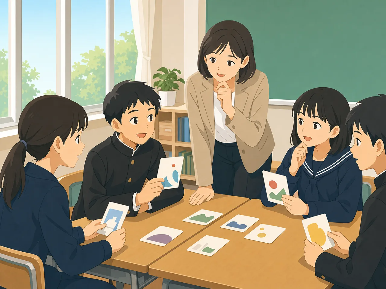 授業を進める日本人中学校教師（フラットイラスト）。中学校教師、授業、学校教育、生徒の学びの記事向け素材です。