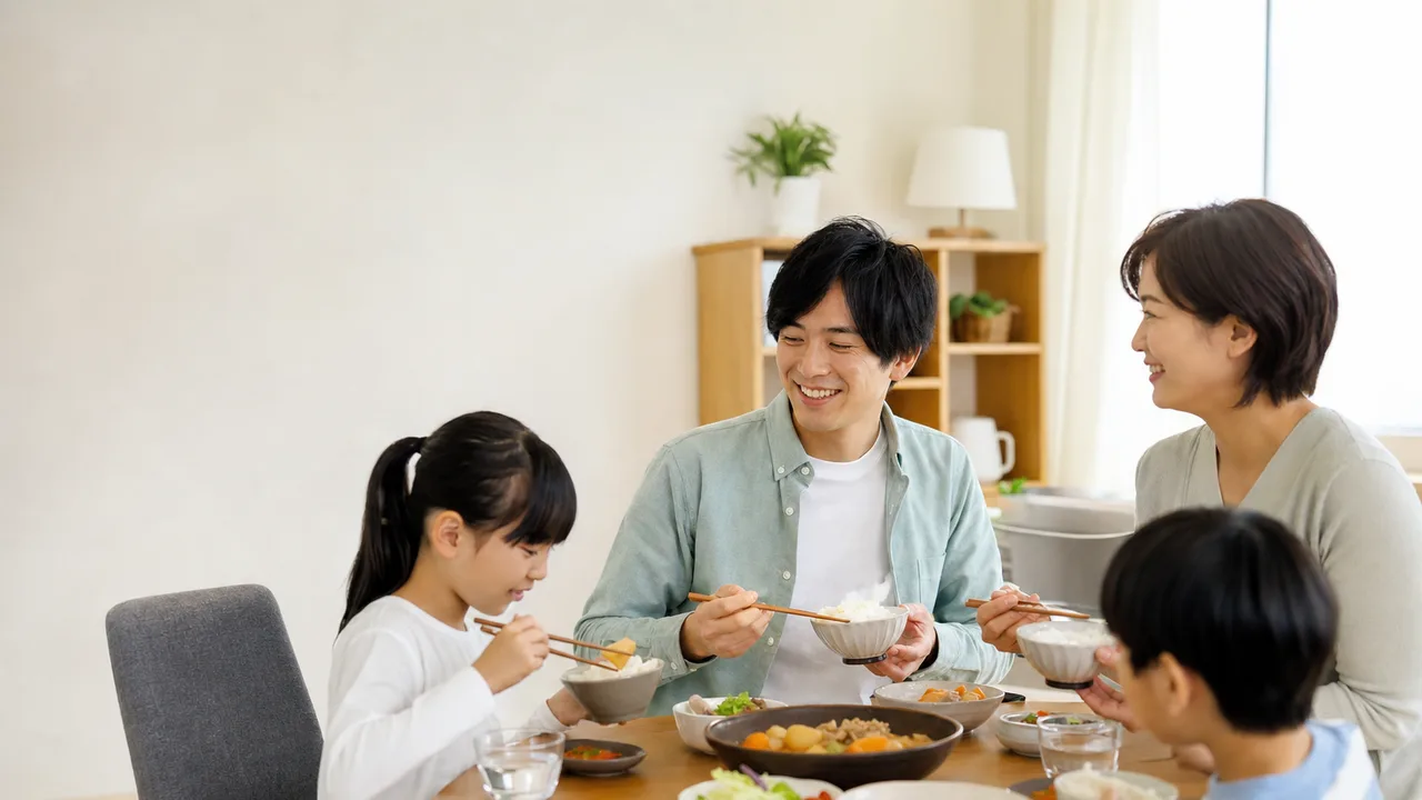 肉じゃがを囲む日本人家族（横長・コピースペース）。肉じゃが、家庭料理、和食、家族の食卓の記事や案内に使える商用素材です。